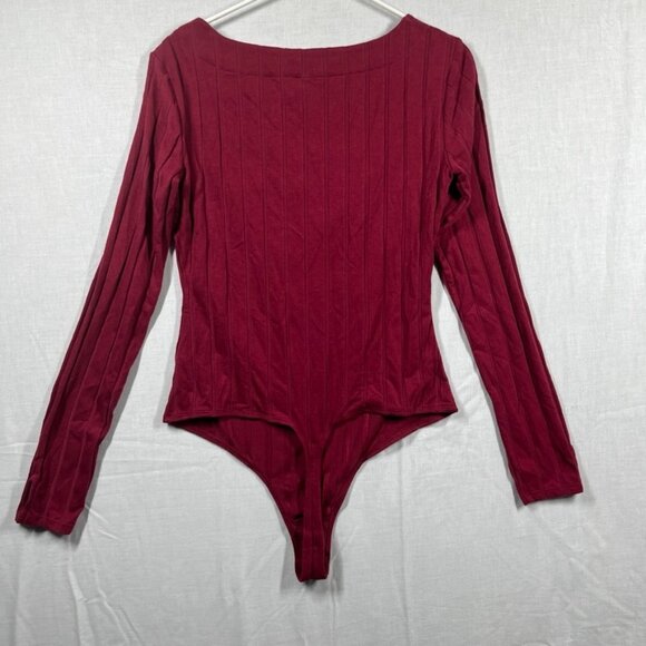 FREE PEOPLE INTIMATELY Bodysuit Large Maroon Long Sleeve Beside Me Ribbed Thong - Picture 7 of 8
